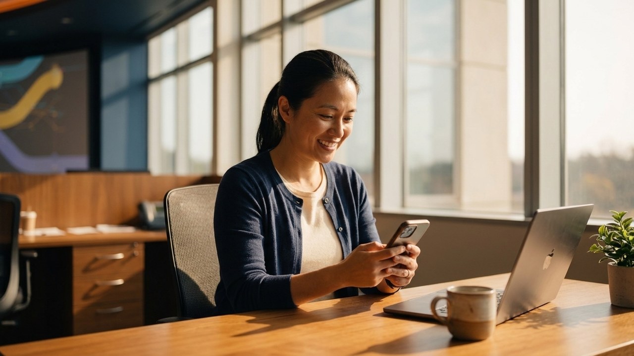 Working-age employee reviewing personal health and benefits options on a smartphone in a sunlit workspace